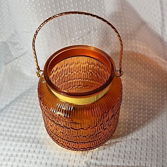 6 1/4" Orange Textured Glass Lantern/Vase with Gold Handle & Bands - Picture 2 of 8